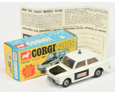 Corgi Toys 506 Sunbeam Imp "Police" Car - White body with black doors and bonnet, brown interior with figures, blue roof ligh