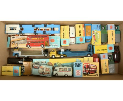 Corgi Toys group to include - 438 land Rover, 407 Smiths Karrier Mobile Shop, 268 "London Transport" Routemaster bus - plus o