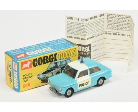 Corgi Toys 506 Sunbeam Imp "Police" Car - Light blue body with white roof band and doors, brown interior with figures, blue r