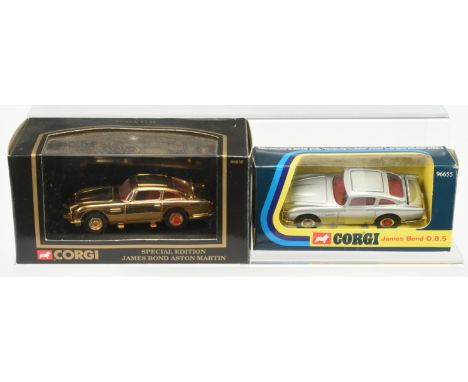 Corgi Toys "James Bond" a pair of 1995 issues - (1) 96655 Aston Martin DB5 - Silver, Red Tyre slashers and 96656 same but Gol