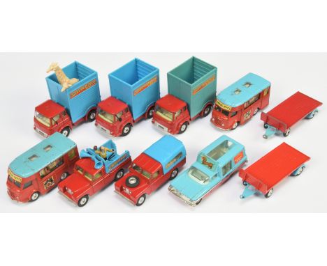 Corgi Toys "Chipperfield's" unboxed group to include - 2 x Smiths Karrier Booking Office, 3 x Bedford Tk Giraffe Transporter 