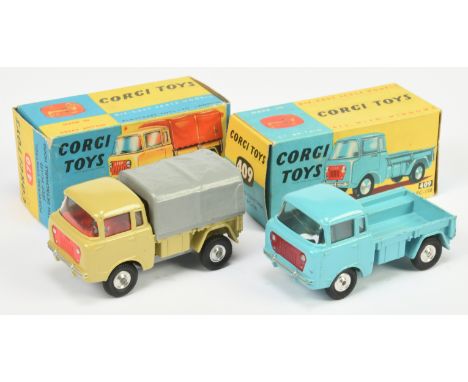 Corgi Toys Forward Control Jeep FC-150 a pair - (1) 409 - Light blue, red grille, silver trim, flat spun hubs and (2) 470 - A