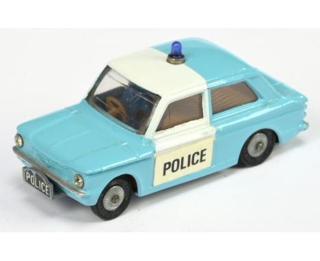 Corgi Toys 506 Sunbeam Imp "Police" Car - Blue with white roof band and doors, brown interior, cast hubs, this unboxed exampl