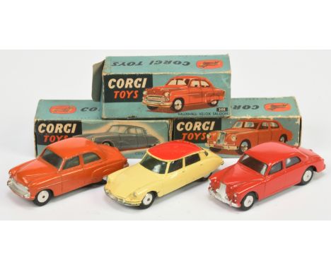 Corgi Toys group of 3 - (1) 203M Vauxhall Velox - Orange body, silver trim, flat spun hubs and with mechanical motor, (2) 205