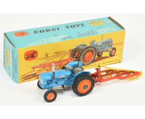 Corgi Toys GS 18 Gift Set - to include Fordson Power Major Tractor - Blue, silver trim, orange plastic hubs With Four Furrow 