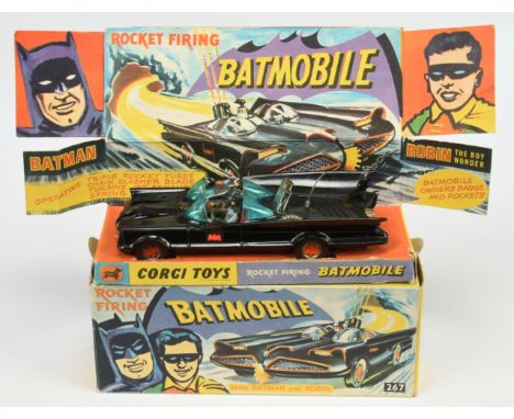 Corgi Toys 267 "Batman" Batmobile - Black body, red bat hubs, blue windows, with "Batman &amp; Robin" figures, grey plastic a