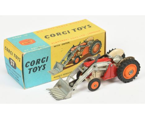 Corgi Toys 57 Massey Ferguson Tractor with front Fork - Red and cream, with harder to find orange plastic hubs - Fair to Good