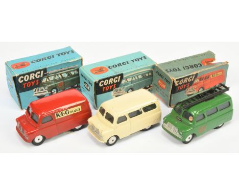 Corgi Toys Bedford's group of 3 - (1) 403M Van "KLG Plugs" - Red body, silver trim, flat spun hubs and mechanical motor, (2) 