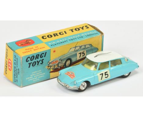 Corgi Toys 323 Citroen DS19 "Rallye Monte Carlo" - Light blue body, white roof with grey plastic aerial, lemon interior, silv