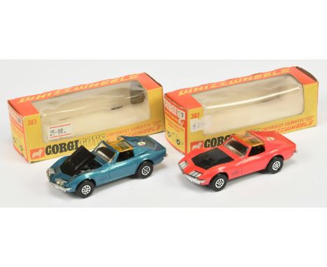 Corgi Toys Whizzwheels 387 Chevrolet Corvette Stingray a pair - (1) Metallic candy pink, black bonnet and interior, amber roo