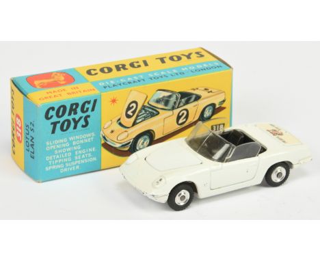 Corgi Toys 318 Lotus Elan S2 "I've Got A Tiger In My Tank" - white body, black interior, silver trim and spun hubs - Good to 