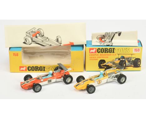 Corgi Toys Formula 1 Racing Cars a pair - (1) 158 Lotus-Climax - Orange and white, cast hubs, figure driver and racing No.8 -