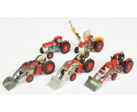 Corgi Toys unboxed Tractor group of 5 to include - Massey Ferguson 165 with Front another but with side saw attachment, plus 