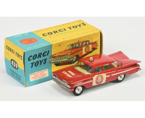 Corgi Toys 439 Chevrolet Impala "Fire Chief" - Red, lemon interior with figures, silver trim, spun hubs, roof light - Good ov