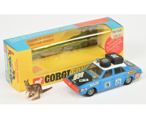 Corgi Toys 302 Hillman Hunter "London To Sydney Marathon Winner" - Blue body, white roof, black bonnet, grey interior, "Golde