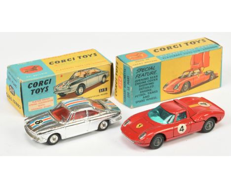 Corgi Toys A Pair - (1) 314 Ferrari 250 Le Mans Berlinetta - Red body, blue windows, wire wheels, racing No.4 and (2) 315 Sim