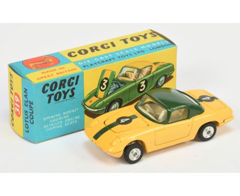 Corgi Toys 319 Lotus Elan Coupe&nbsp; - Yellow body, green hood and stripes, ivory interior, chrome detachable chassis with s