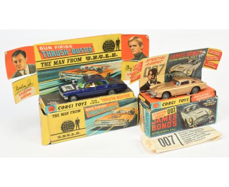 Corgi Toys a pair - (1) 261 "James Bond" Aston Martin Taken From The Film "Goldfinger" - Gold body, red interior, wire wheels