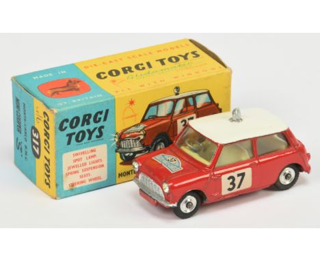 Corgi Toys 317 Morris Mini Cooper "Rallye Monte Carlo" - Red body, white roof with chrome spotlight, silver trim, spun hubs a