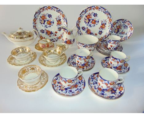 A collection of 19th century tea wares with printed and infilled chinoiserie style floral decoration comprising a pair of cak