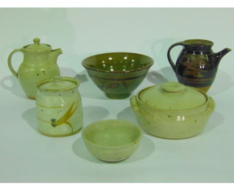 A collection of studio pottery wares including two pieces of Winchcombe pottery wares with speckled oatmeal coloured glaze co