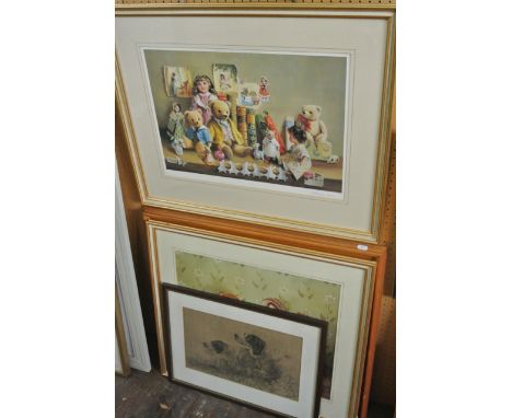 A signed coloured print after Deborah Jones showing a group of dolls and teddies signed bottom right and with blind embossed 