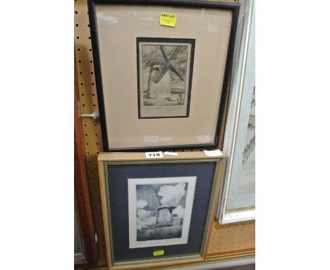 A collection of watercolours, etchings and engravings all showing windmills including a watercolour painted in tones of grey 