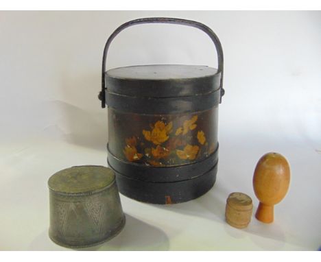 A 19th century Scandinavian coopered timber box and cover with painted floral detail and a pewter tea caddy