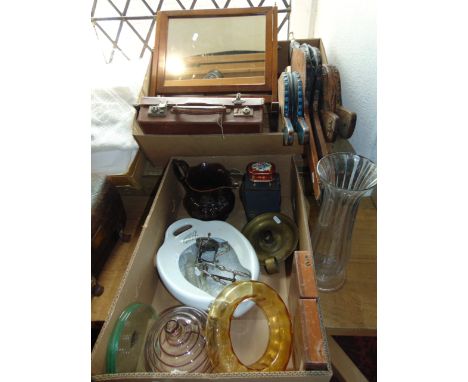 A miscellaneous collection to include three pairs of fire bellows, a mahogany dressing mirror, ceramics to include a Boots be