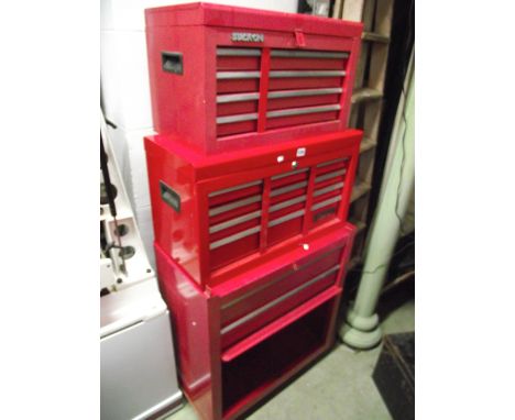 Three Clarke tool chests fitted with frieze drawers with rising fronts, all in a red colourway