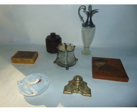 A small miscellaneous collection to include an oak panel with painted figure in side profile, an eastern timber caddy of cyli