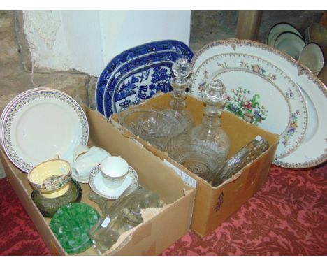 Two late 19th century oval graduated blue and white printed Willow pattern meat plates, a Copeland Spode Peplow pattern meat 