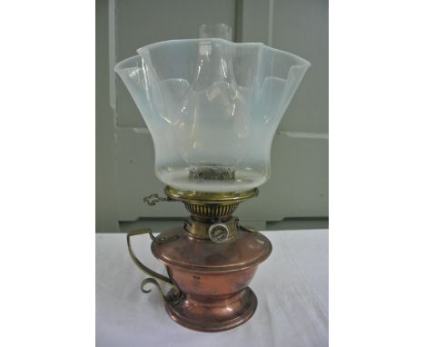 A good quality Benson Style chamber lamp principally in copper with brass partially scrolled handles and fittings with Hinks 