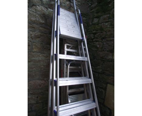 A Clima extending aluminium ladder together with an Abru seven tread folding step ladder and two others (4)