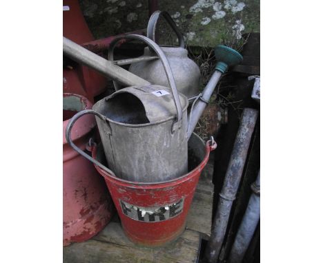 Two vintage galvanised watering cans of varying design, a galvanised fire bucket and a weathered terracotta oviform planter