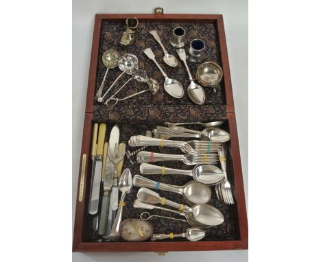A timber cutlery canteen stamped Compliments of Richard Van Benschoten CFP containing a mixed quantity of silver plated dinne