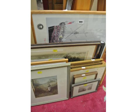 A quantity of pictures and prints including a 19th century black and white etching after J Dupre of a landscape with horse dr