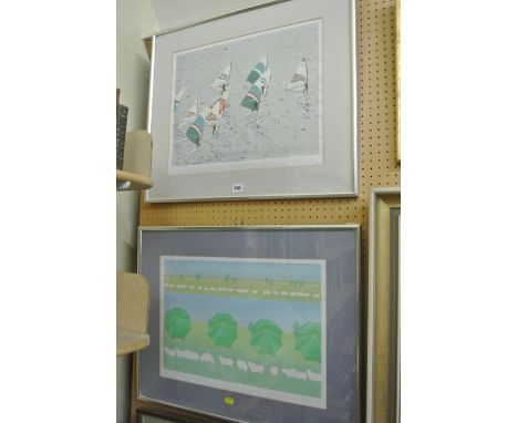 Two signed coloured limited edition screen type prints by Ariel Luke, one showing windsurfing and the other fishermen behind 