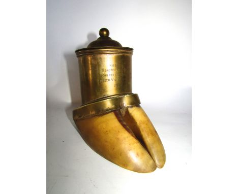 A Victorian brass caddy of cylindrical form mounted upon an ox hoof with inscription reading - Hoof of Ox, Roasted at Monmout