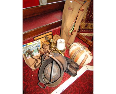 A miscellaneous collection to include an antique metalwork kettle, coal bucket, a pair of eastern candlesticks in the form of
