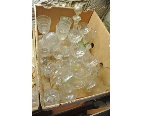 Mixed glasswares to include Victorian and later drinking glasses, clear cut glass jugs, decanters, a clear glass vase with ba