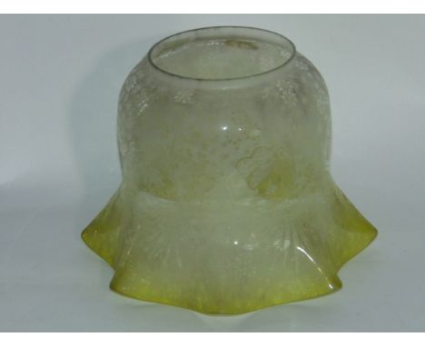 A late Victorian green tinted and etched glass oil lamp shade with bird and foliate detail and crimped flared edge