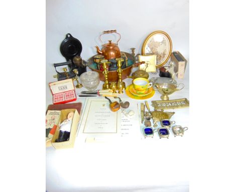 A miscellaneous collection (2 boxes) to include mixed brass wares to include trivets, candlesticks, etc, silver plated and ot