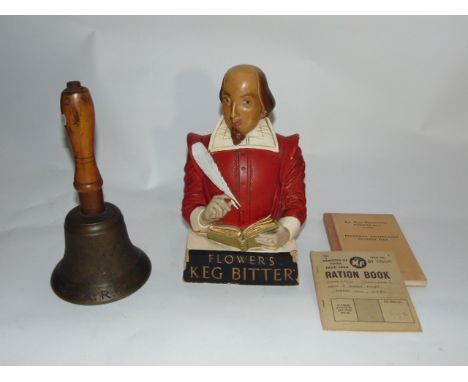 A vintage advertising figure in the form of William Shakespeare for Flowers Keg Bitter, 26 cm tall approx together with a cas