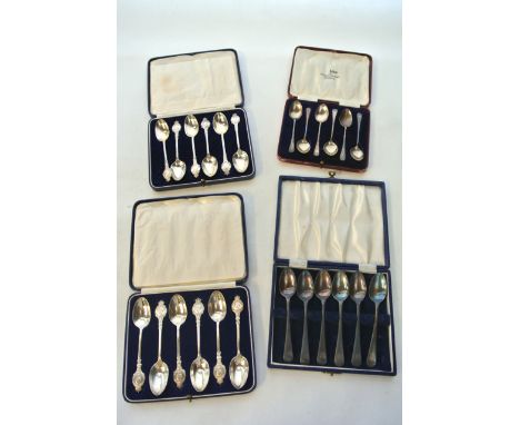 A cased set of six Edwardian silver coffee spoons, A.J. Bailey, Birmingham, 1908, 32.7g in total; a cased set of six silver C