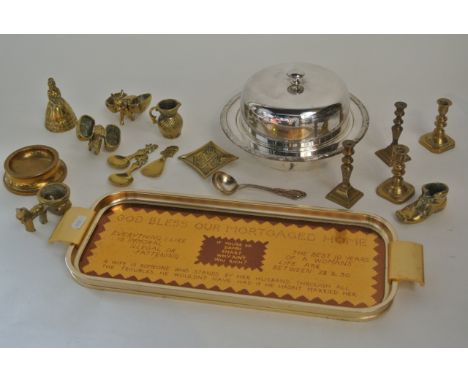 A silver plated serving dish and cover together with a selection of small decorative brass items, and a proof set of 1953 coi