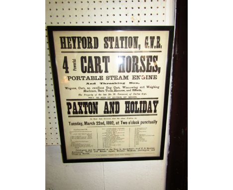 A framed and glazed auction poster marked Heyford Station GWR (Great Western Railway), four powerful cart horses, portable st