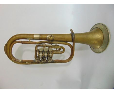 A small antique brass tuba, believed to be German, with inscription to silver plated horn rim, 56 c m long approx