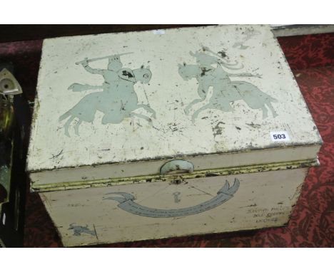 A 19th century steel trunk with painted finish, the exterior decorated with silhouetted knights on horseback to the lid, the 