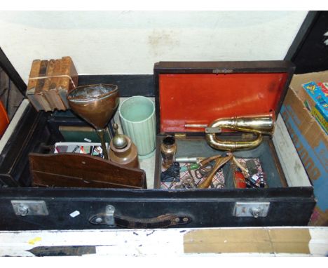 A miscellaneous collection to include an oak document rack, metal wares to include 19th century copper funnel, other mixed ef
